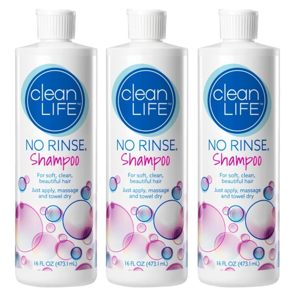 Three-pack CleanLife no-rinse shampoo bottles, 16 fl oz each, front labels visible