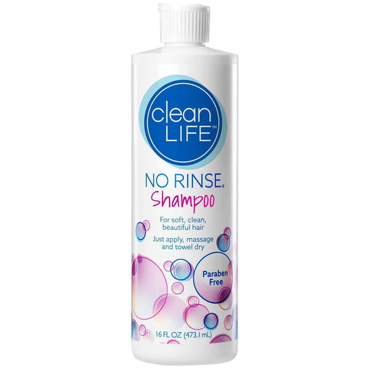 CleanLife no-rinse shampoo bottle, 16 fl oz, white bottle with blue label