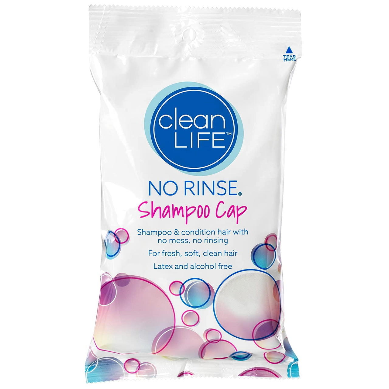 CleanLife no rinse shampoo cap pouch with blue logo and latex/alcohol-free text