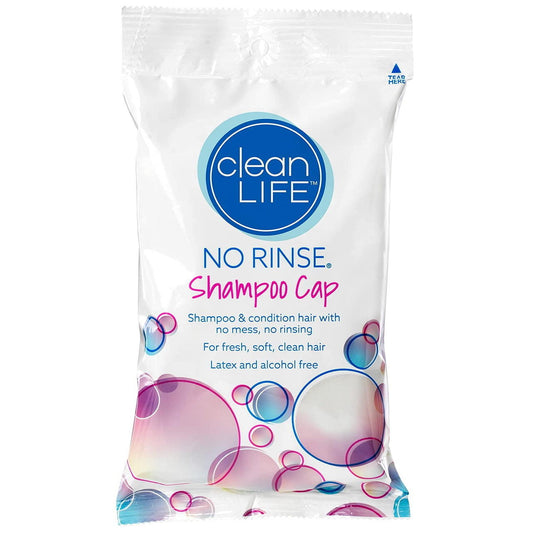 CleanLife no rinse shampoo cap pouch with blue logo and latex/alcohol-free text