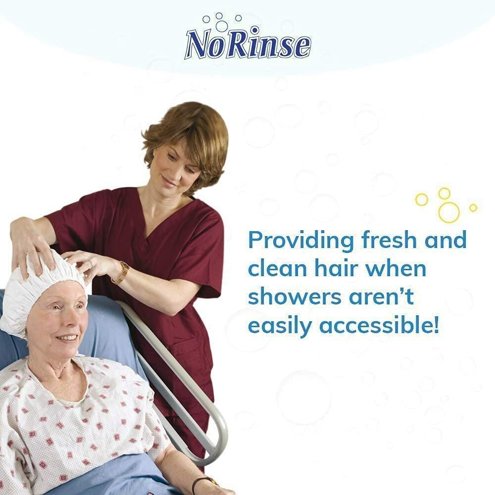 NoRinse shampoo cap use shown as a helper places cap on a reclined person