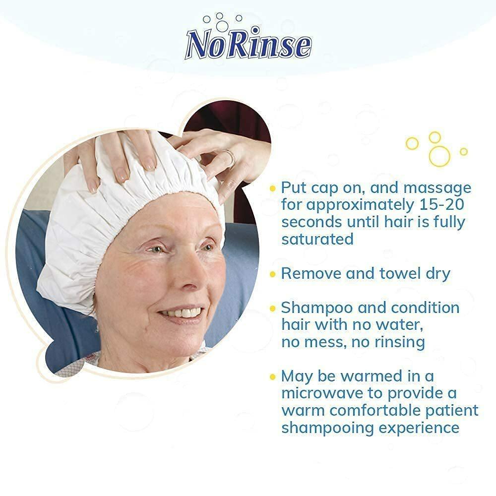 NoRinse shampoo cap being applied, with massage text for 15–20 seconds