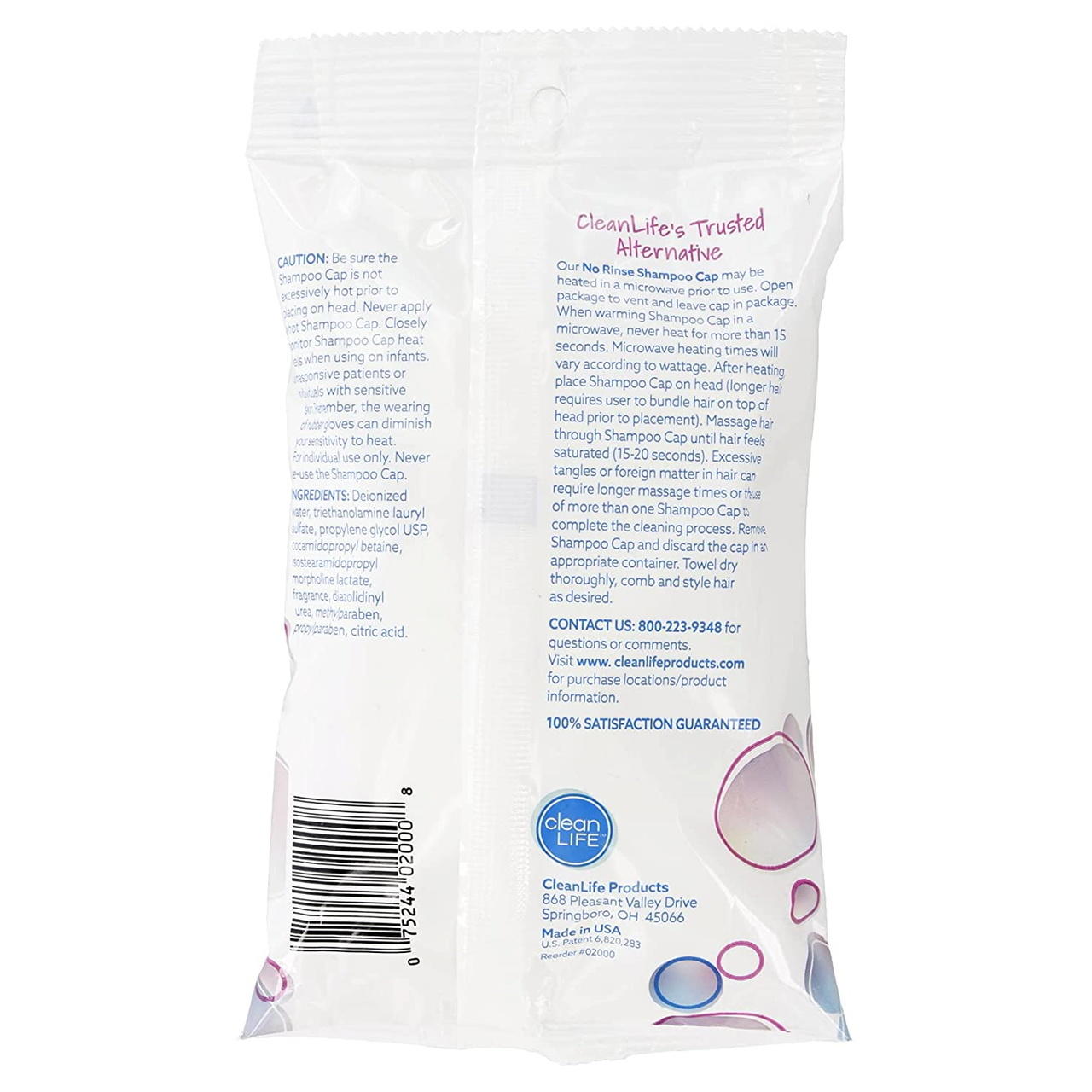 No rinse shampoo cap pouch back with barcode and directions panel