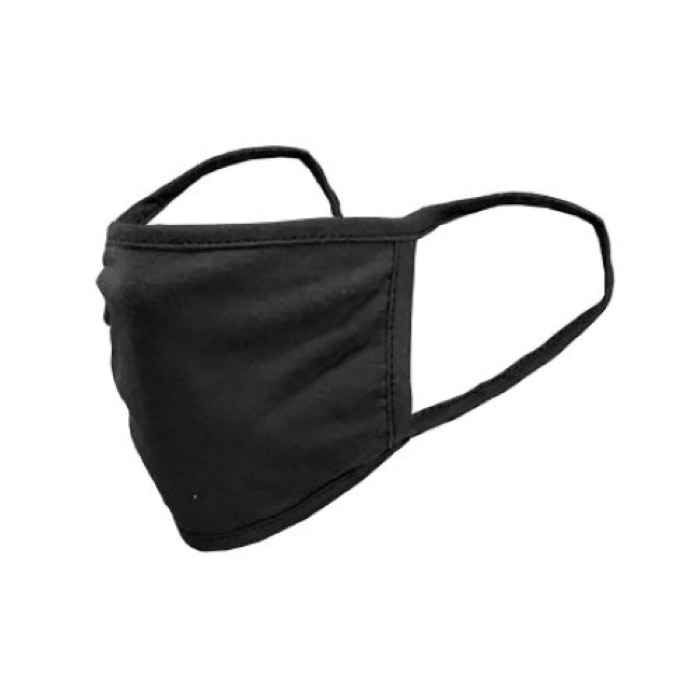 Black reusable cloth face mask with pleated front and ear loop, one size