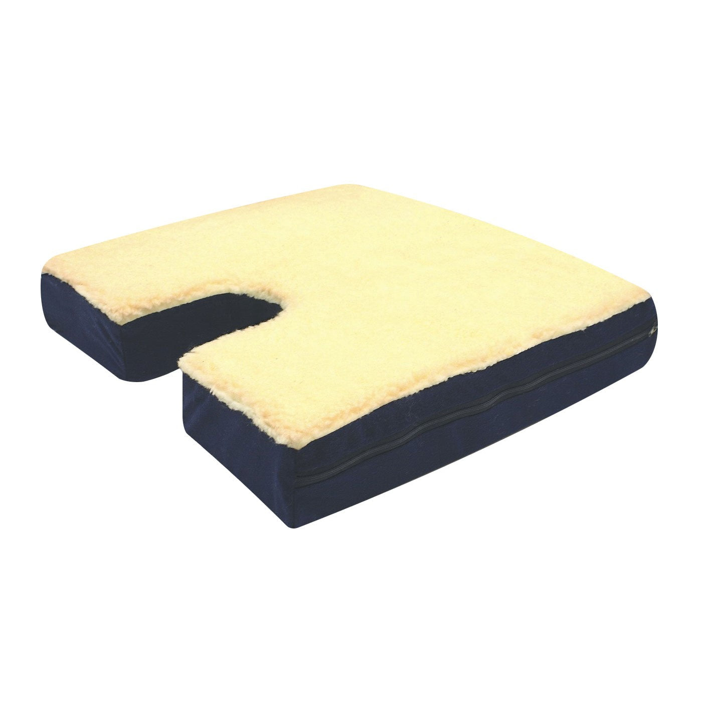 Coccyx cutout gel cushion with beige fleece cover and coccyx notch, dark base