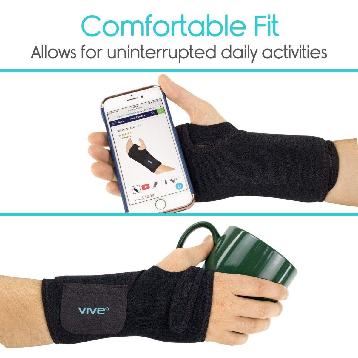 Black wrist brace on forearm with soft compression sleeve and Velcro strap