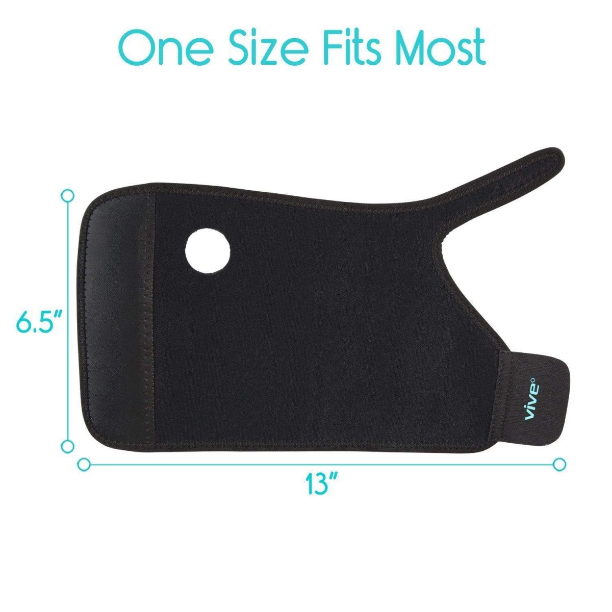 Black wrist brace profile with thumb opening and hook-and-loop closure