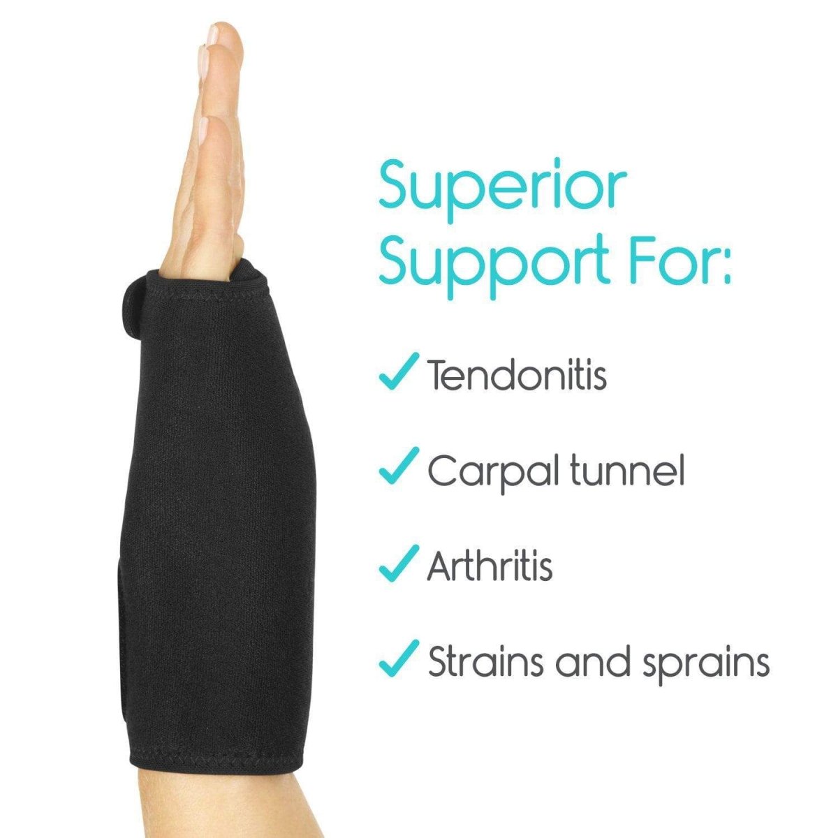 Black wrist brace worn on hand and wrist with full support sleeve