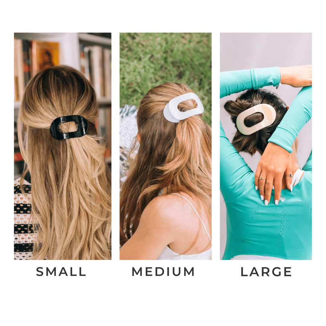 Medium white flat round hair clip shown on hair in the size panel
