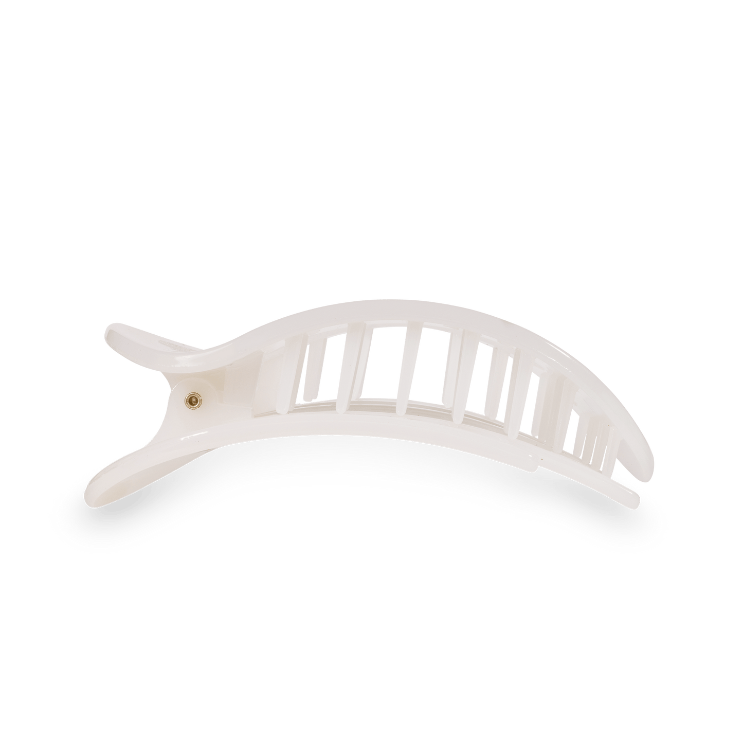 Medium flat round white hair clip with curved bar and gold hinge detail