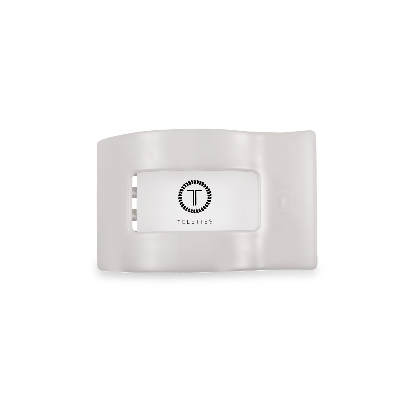 Small flat rectangle hair clip in white, inner clasp and logo emblem