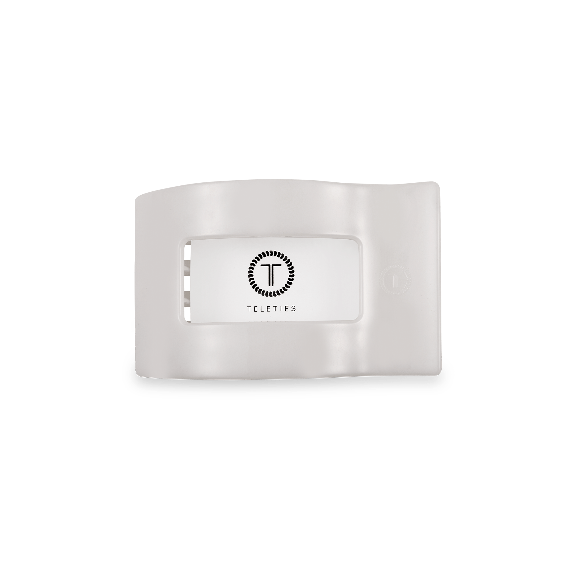 Small flat rectangle hair clip in white, inner clasp and logo emblem