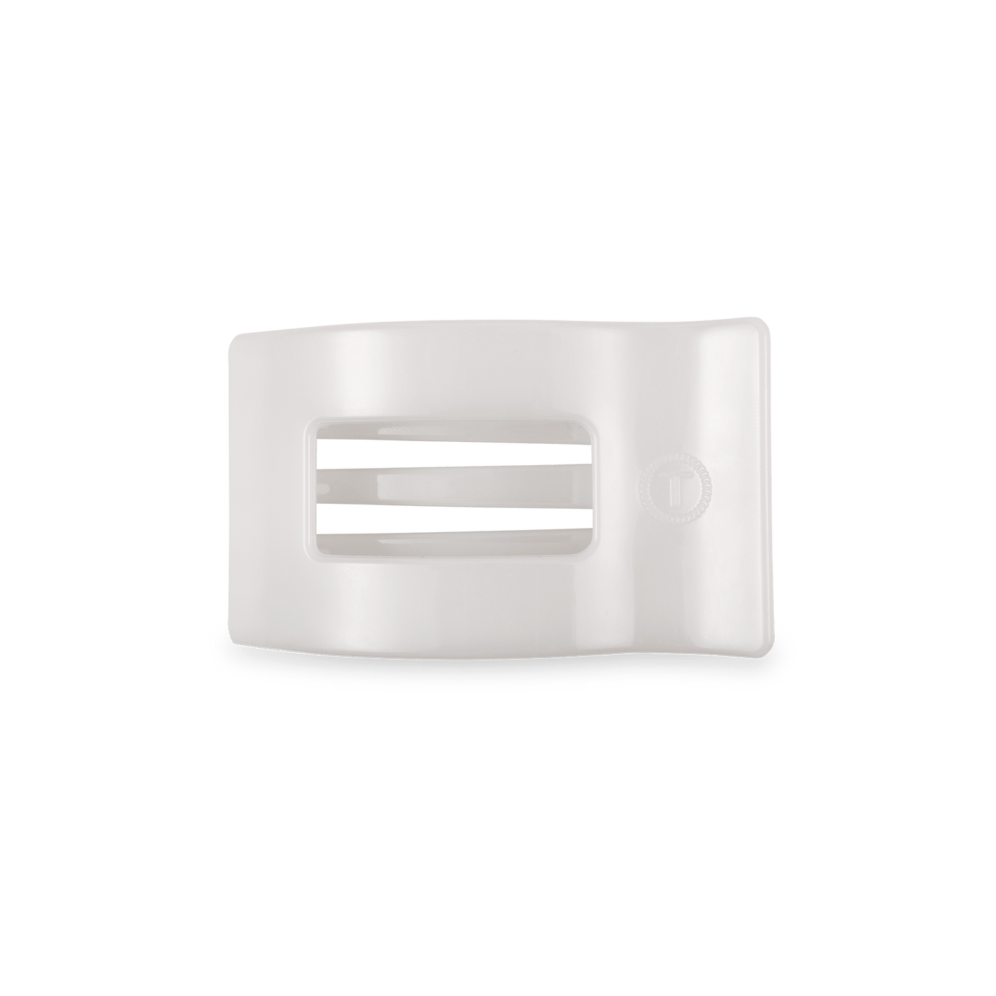 Small flat rectangle hair clip in white, open claw prongs visible