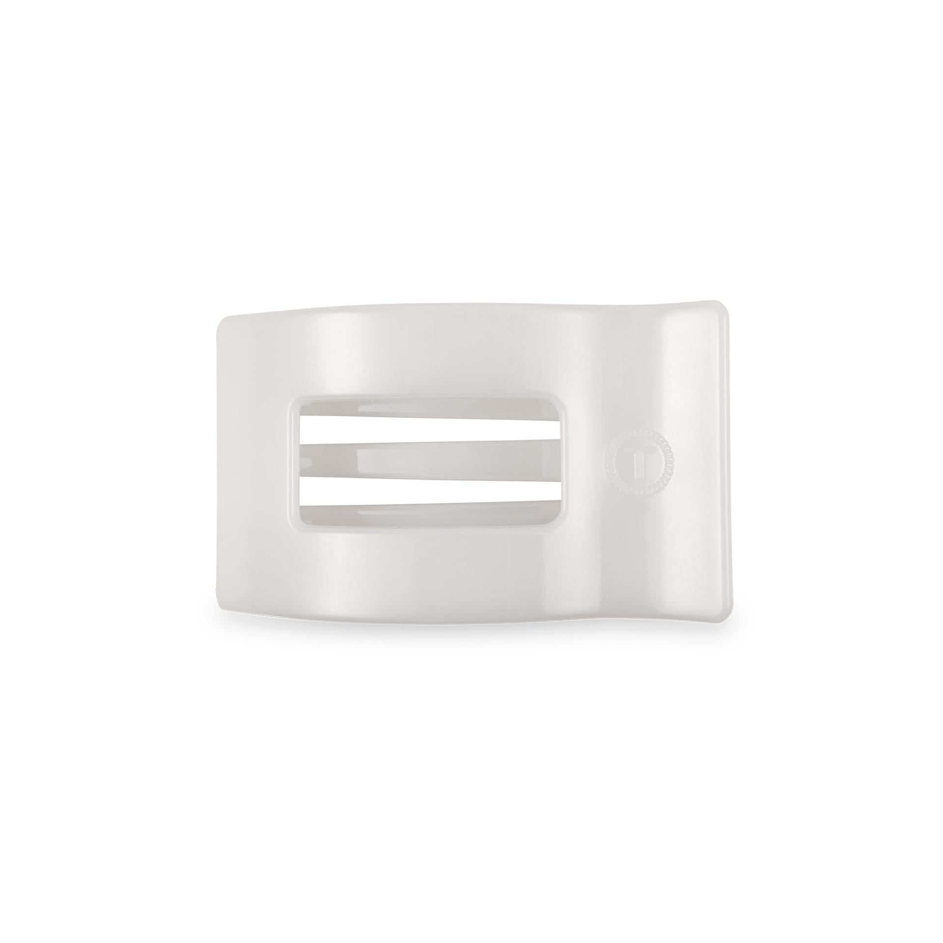 Small flat rectangle hair clip in white, open claw prongs visible