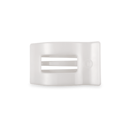 Small flat rectangle hair clip in white, open claw prongs visible