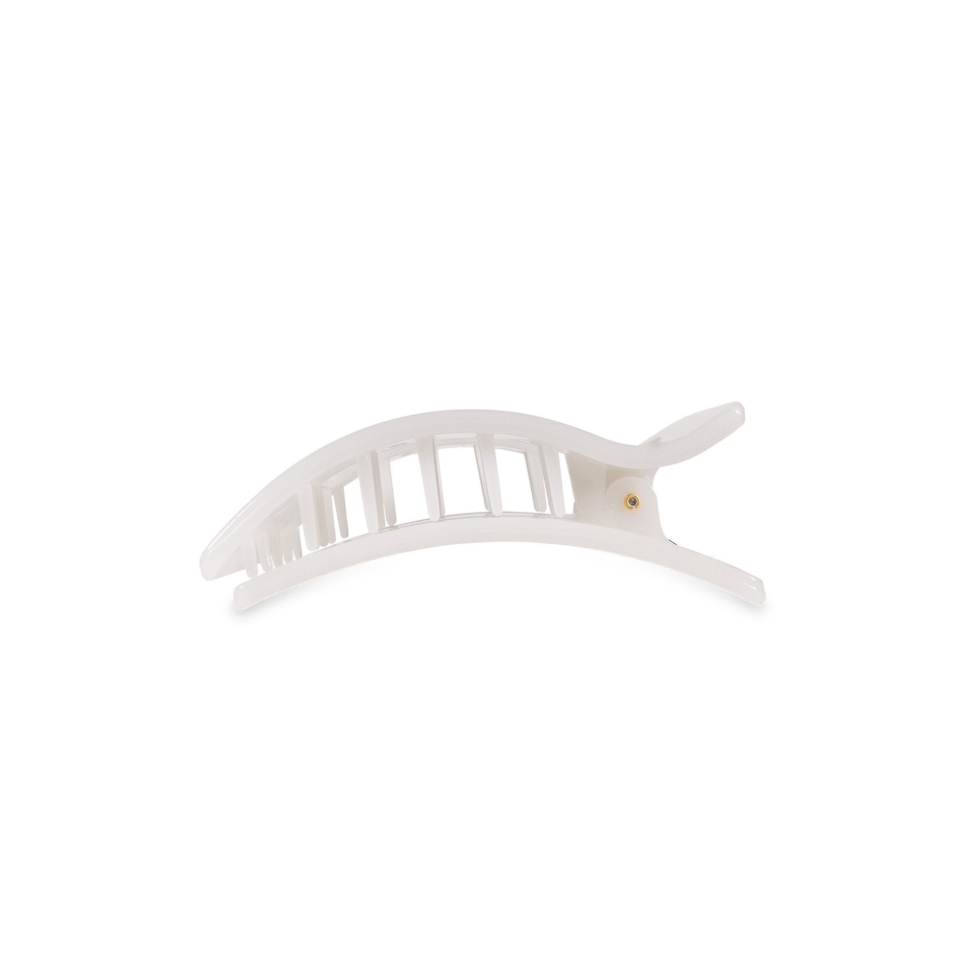 Small flat rectangle hair clip in white, curved side view with prongs