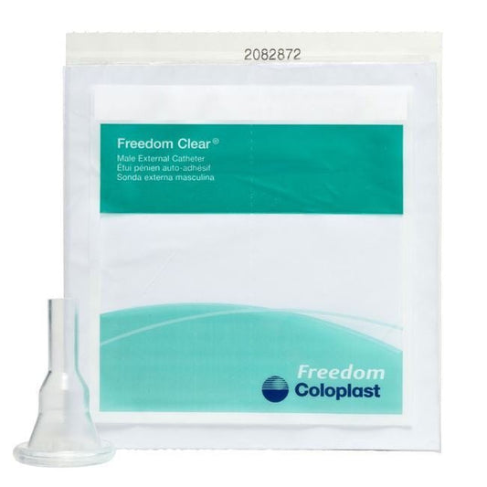 Clear male external catheter with silicone nozzle, sealed pouch packaging