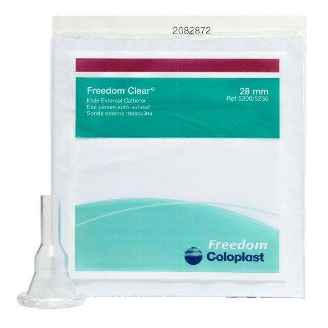 Clear male external catheter, 28 mm silicone nozzle, in sealed pouch