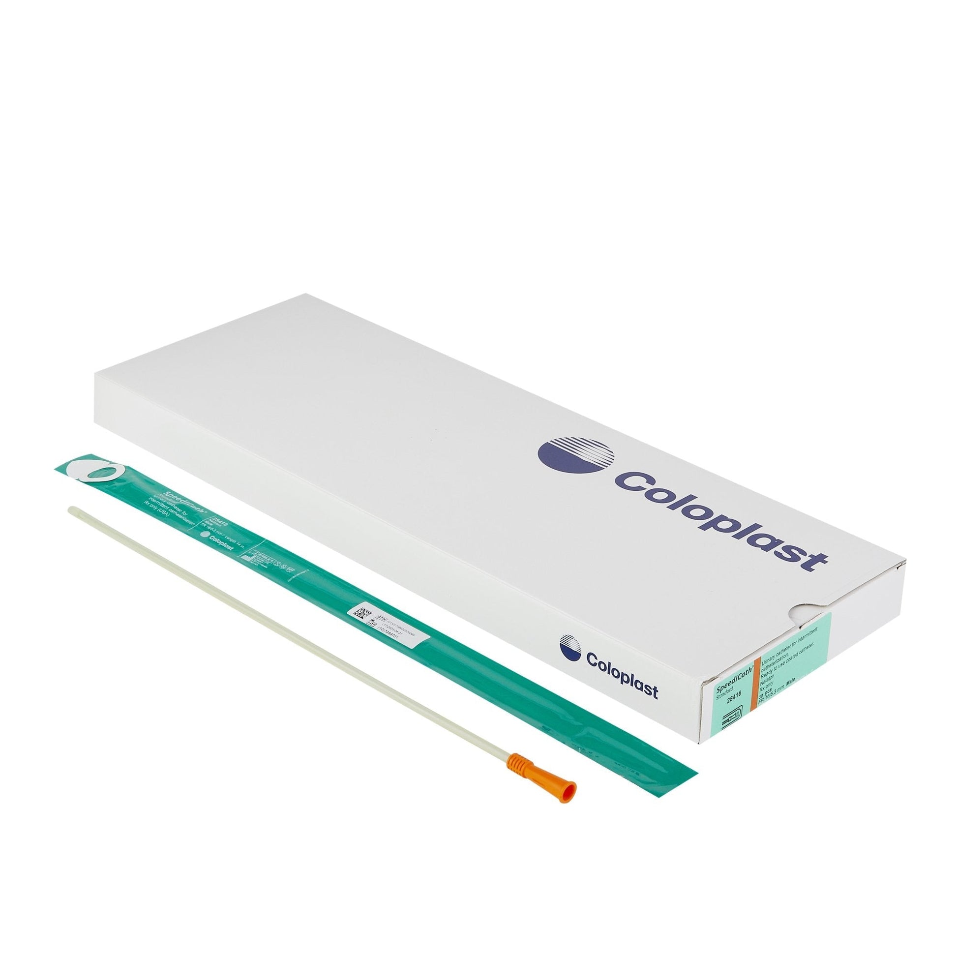 Hydrophilic intermittent catheter kit with white box, green pouch, and orange tip