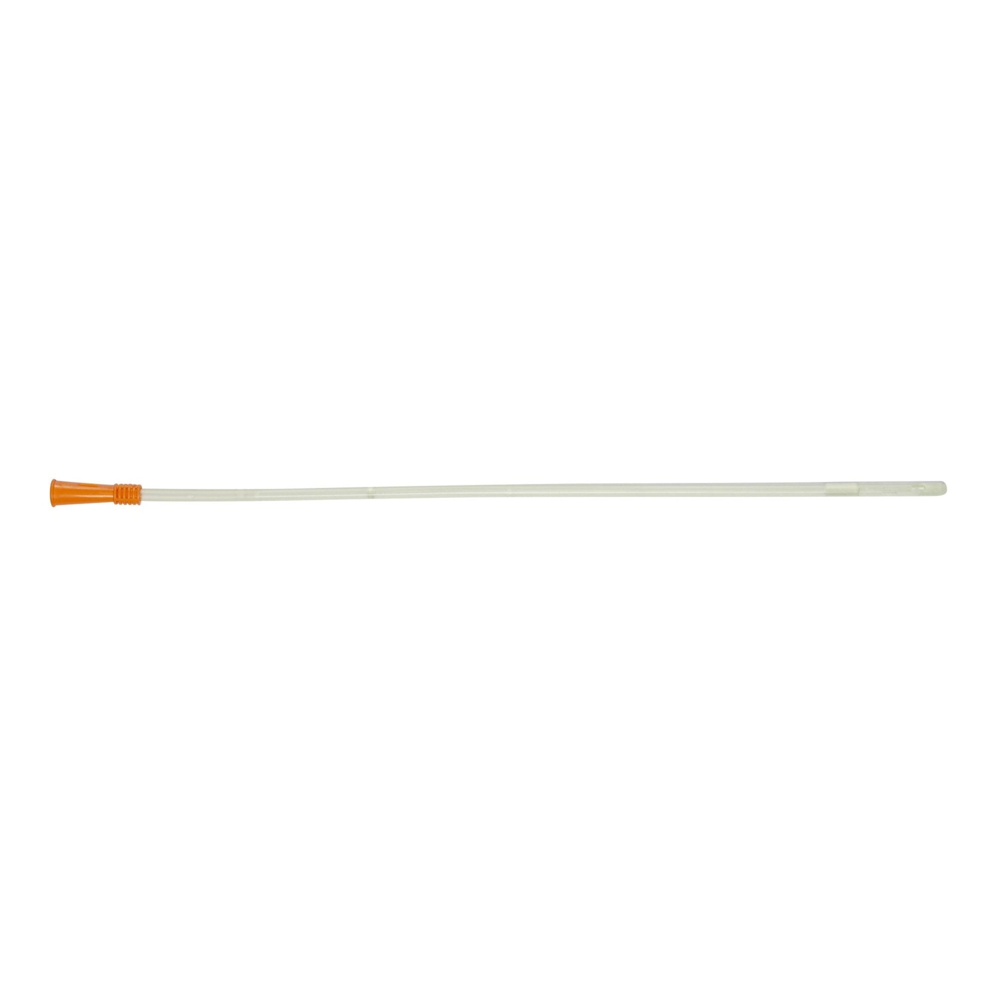 Intermittent catheter with clear tube and orange connector tip