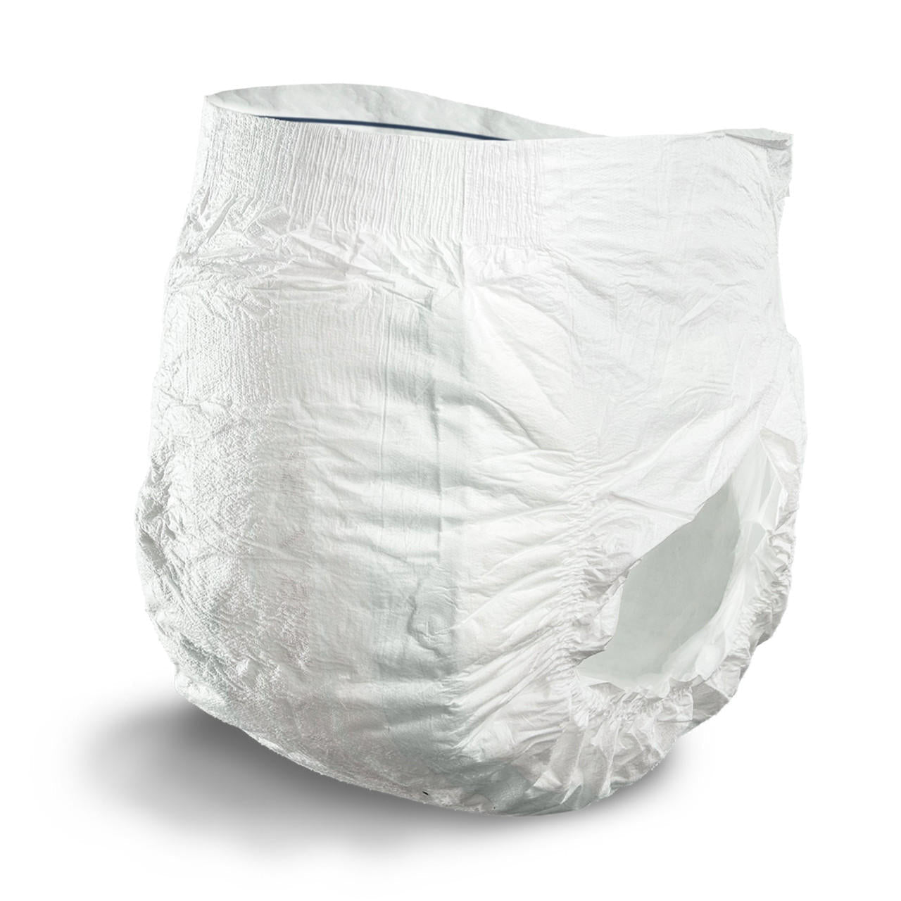 White disposable youth pants, crinkled fabric folded
