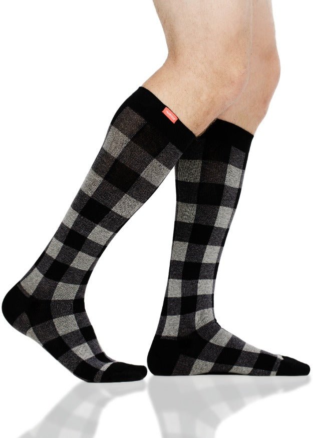 Plaid compression socks in black and heather gray buffalo check, crew length