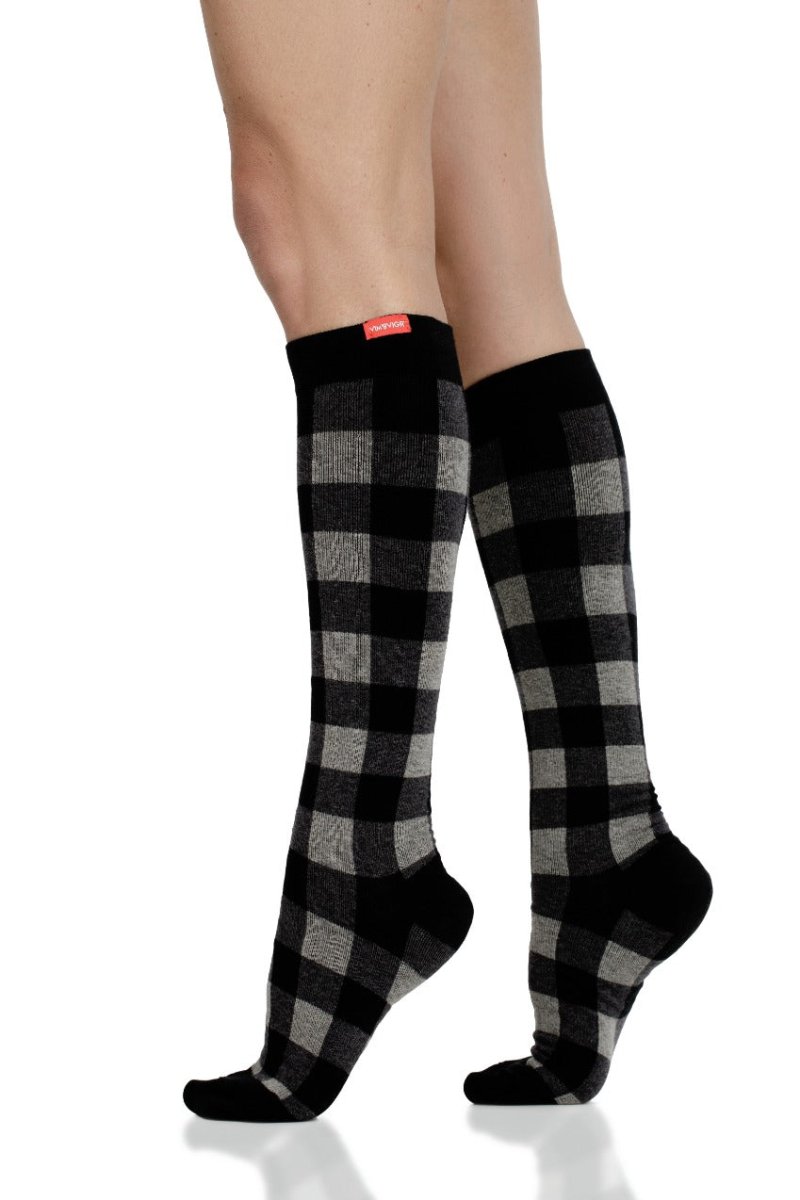 Black and heather gray plaid compression socks with ribbed cuff, crew knit