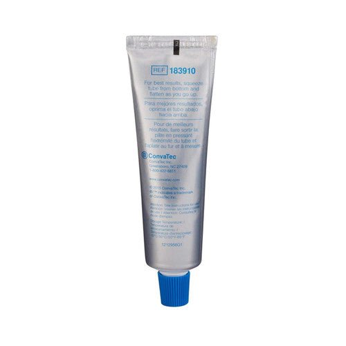Stomahesive protective skin barrier paste tube with blue cap, back label