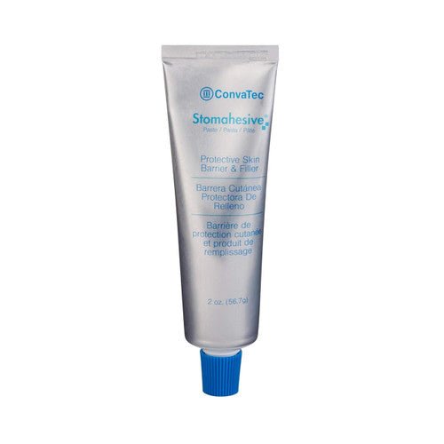 Stomahesive skin barrier paste tube front view with blue dispensing cap