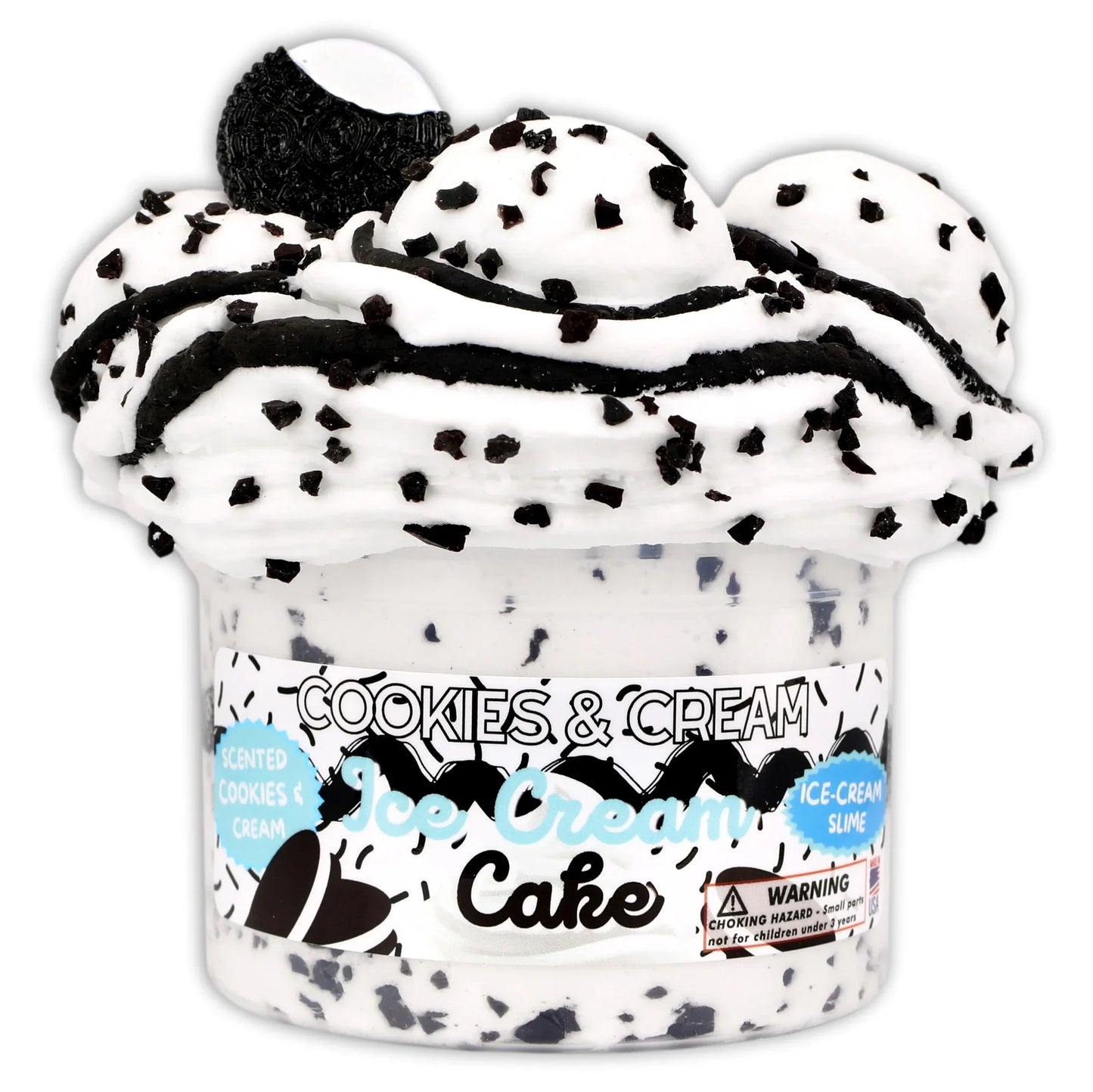 Cookies & Cream ice cream cake slime tub with white-black swirl and cookie sprinkles