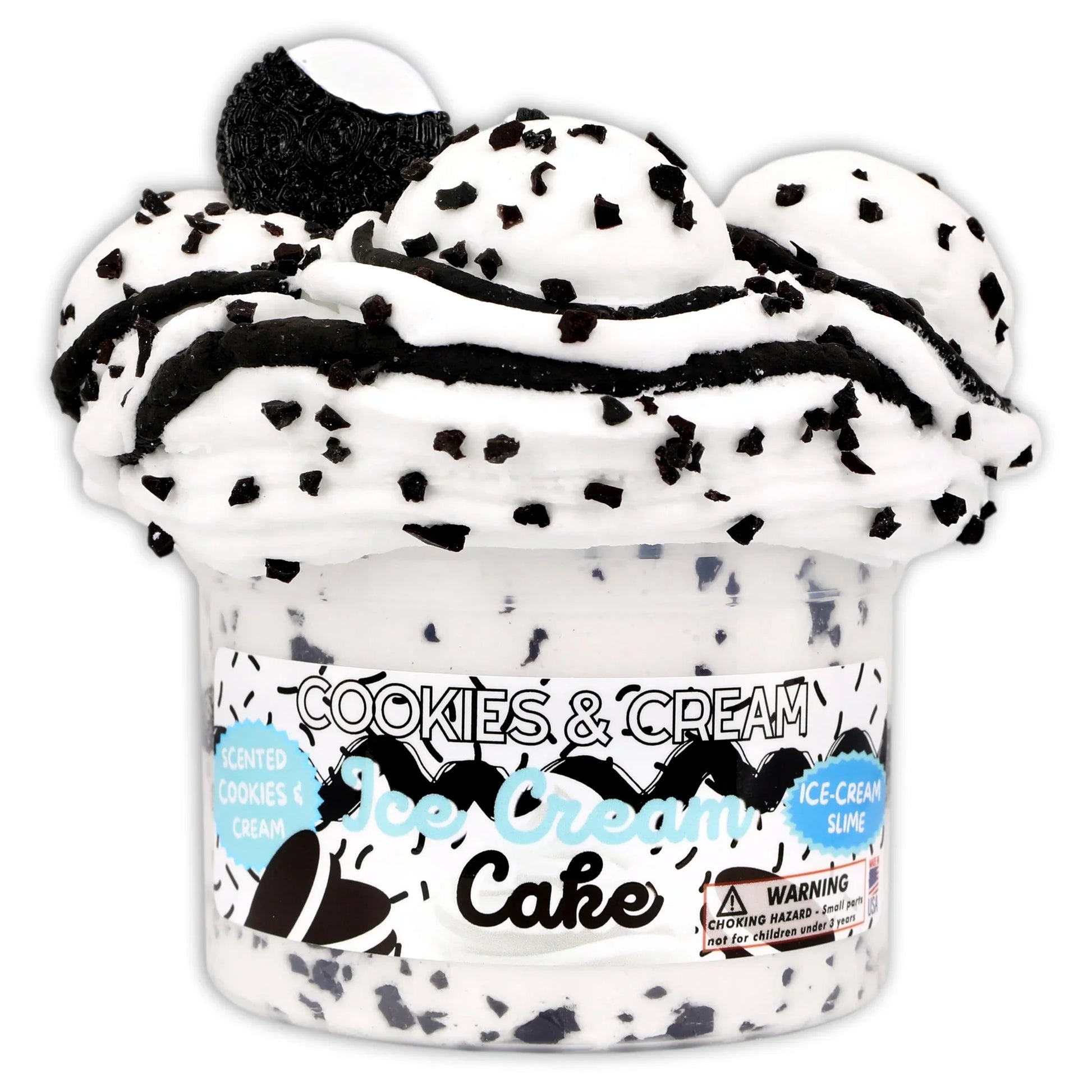 Cookies & Cream ice cream cake slime tub with white-black swirl and cookie sprinkles