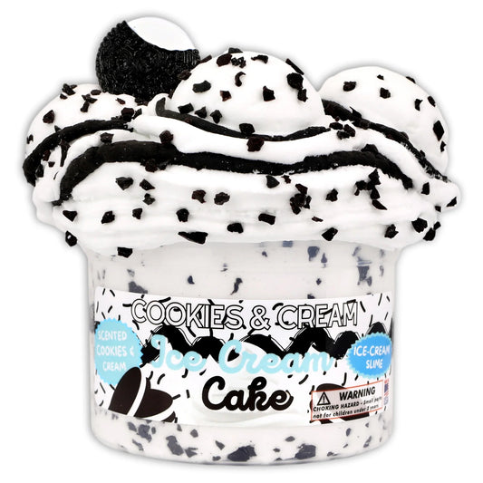 Cookies & Cream ice cream cake slime tub with white-black swirl and cookie sprinkles
