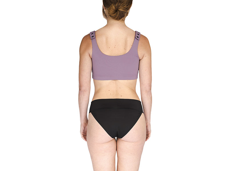 Mauve purple post-surgical bra back view with adjustable wide straps and hardware