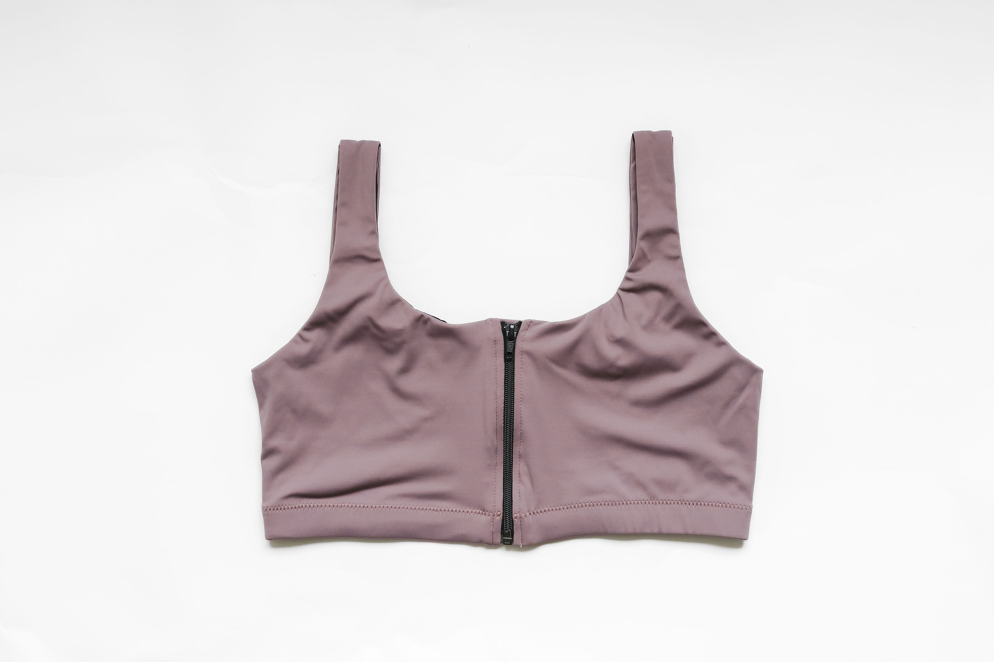 Mauve purple post-surgical bra, flat front view, center zipper seam, wide elastic straps