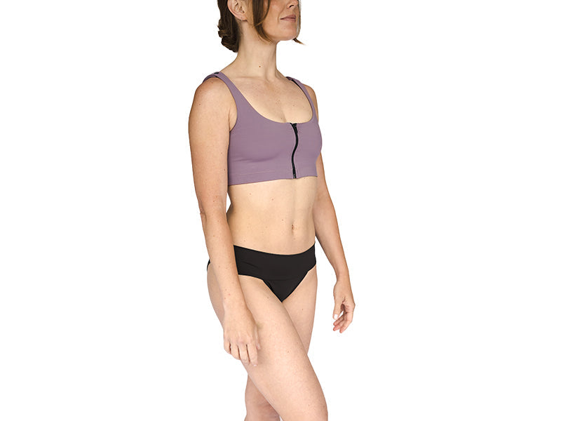 Mauve purple post-surgical bra with smooth front panel and vertical center seam