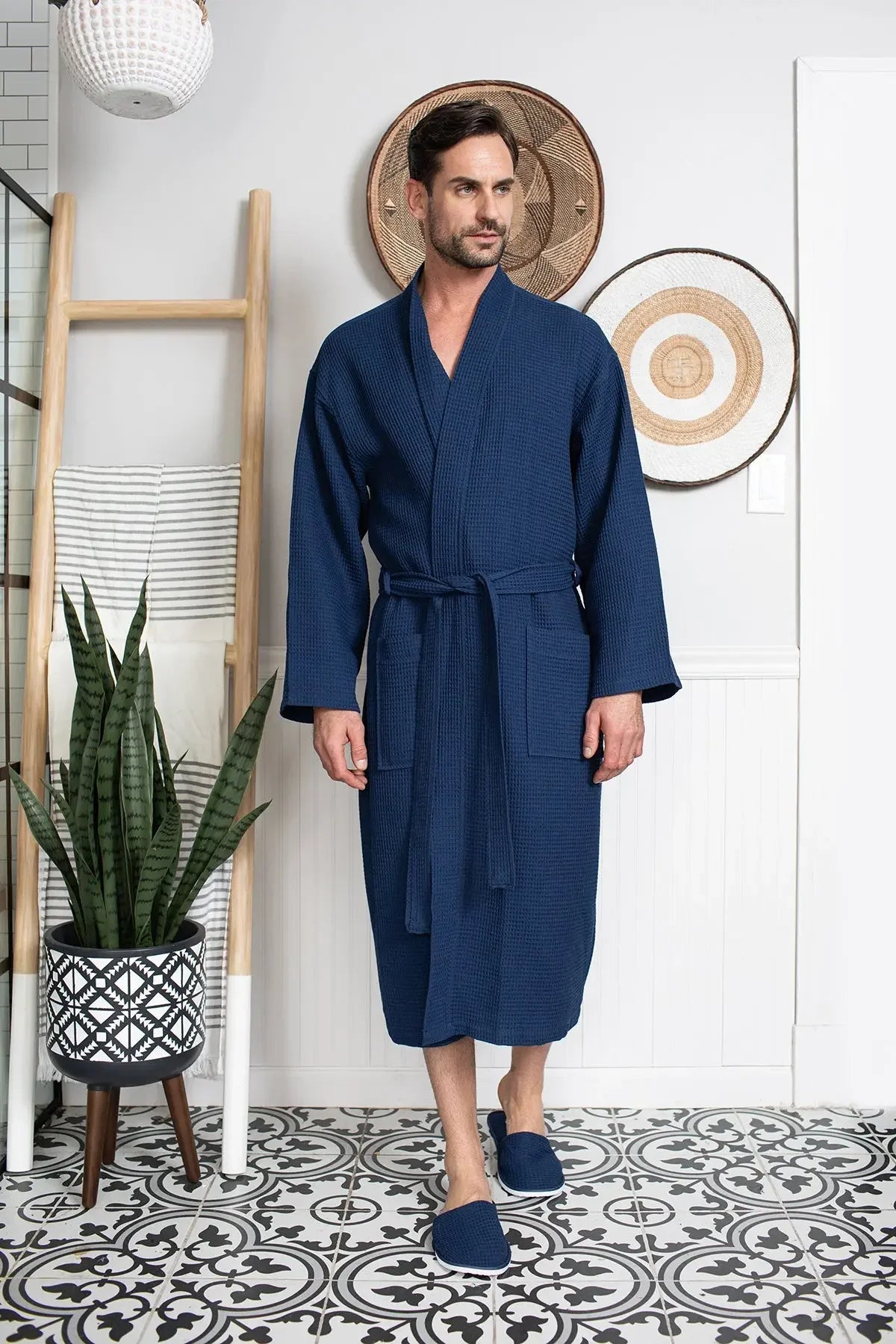 Men’s navy waffle bathrobe with V-neck and waist tie, mid-calf long sleeves