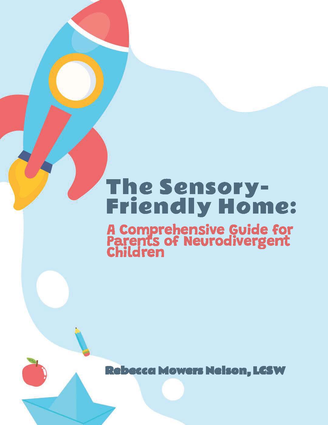 Sensory-friendly home e-book cover with rocket illustration and title typography