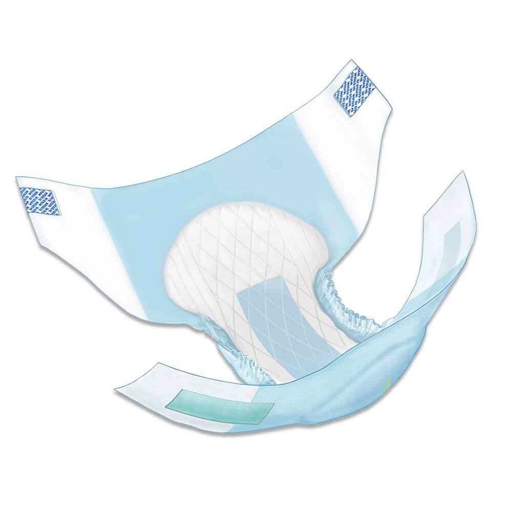 Quilted adult briefs with hook-and-loop wings and heavy absorbency pad, light blue/white