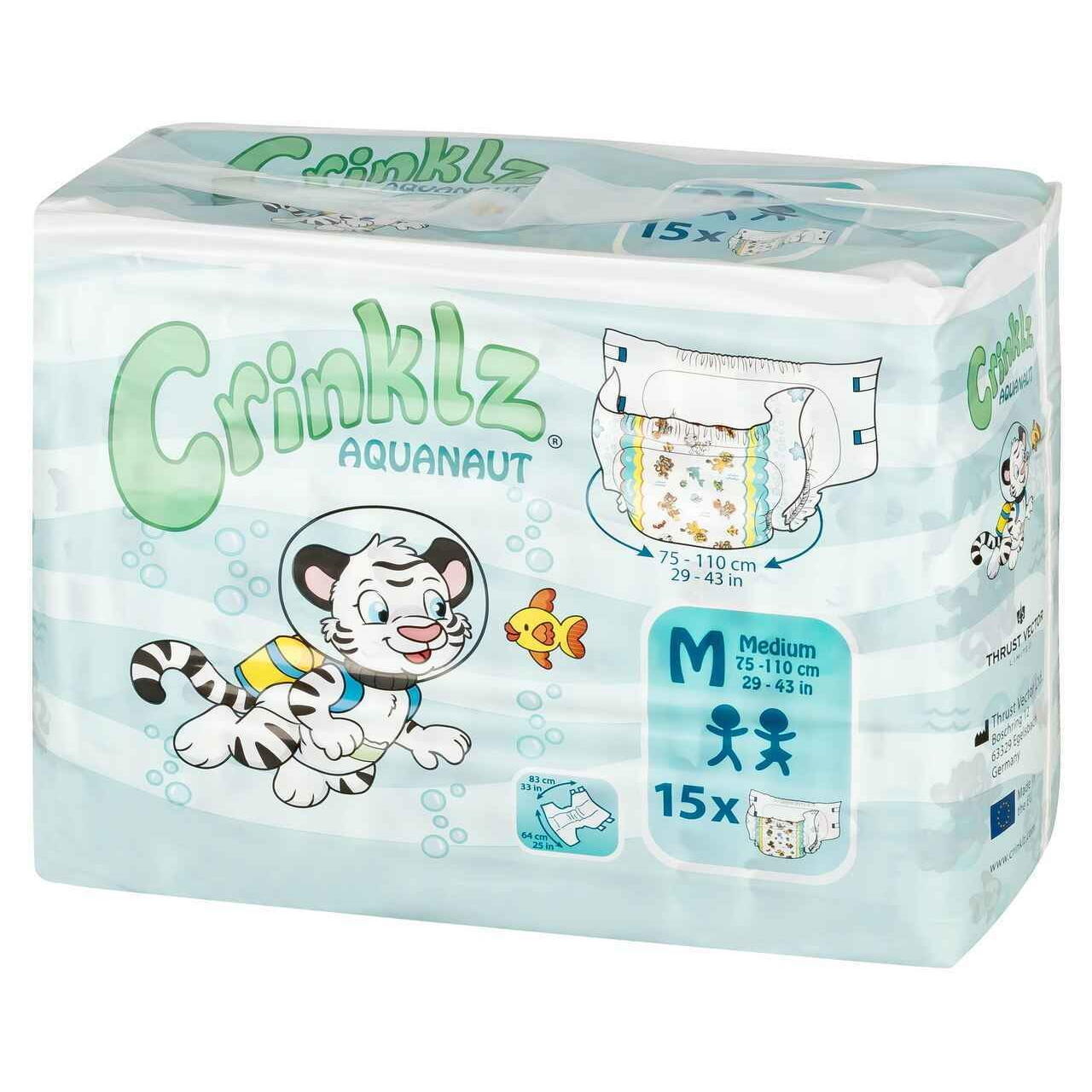 Crinklz Aquanaut adult diapers, Medium 15-count pack, blue water-print with plastic backing