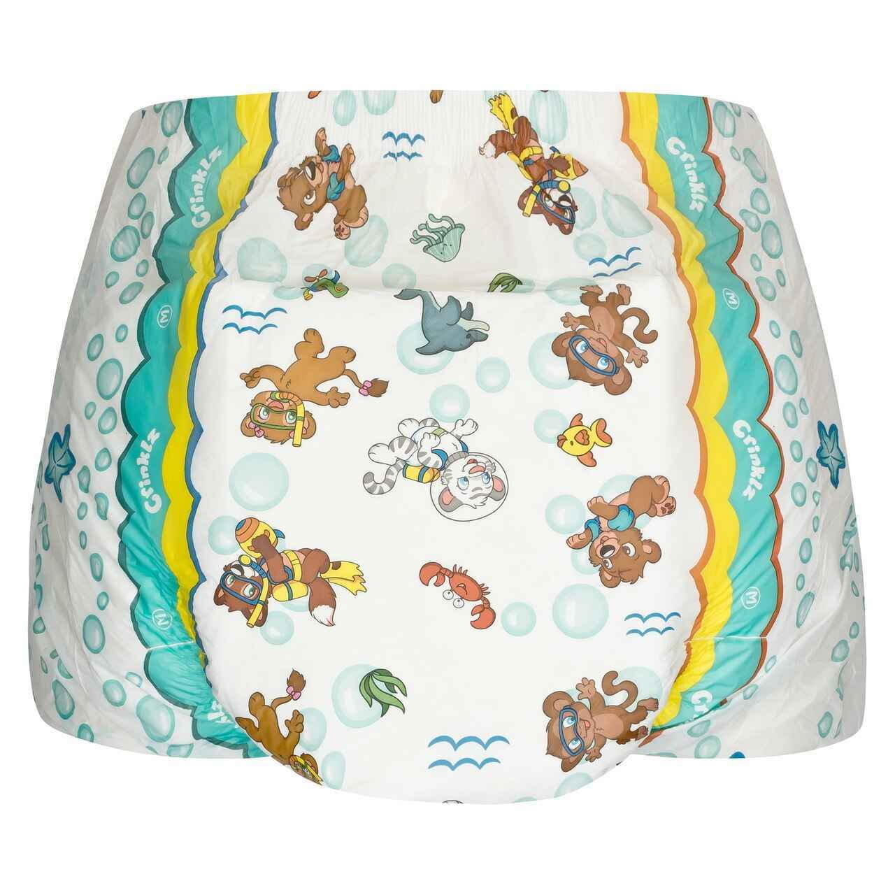 Aquanaut printed adult diaper, cartoon underwater characters with blue-green trim stripes