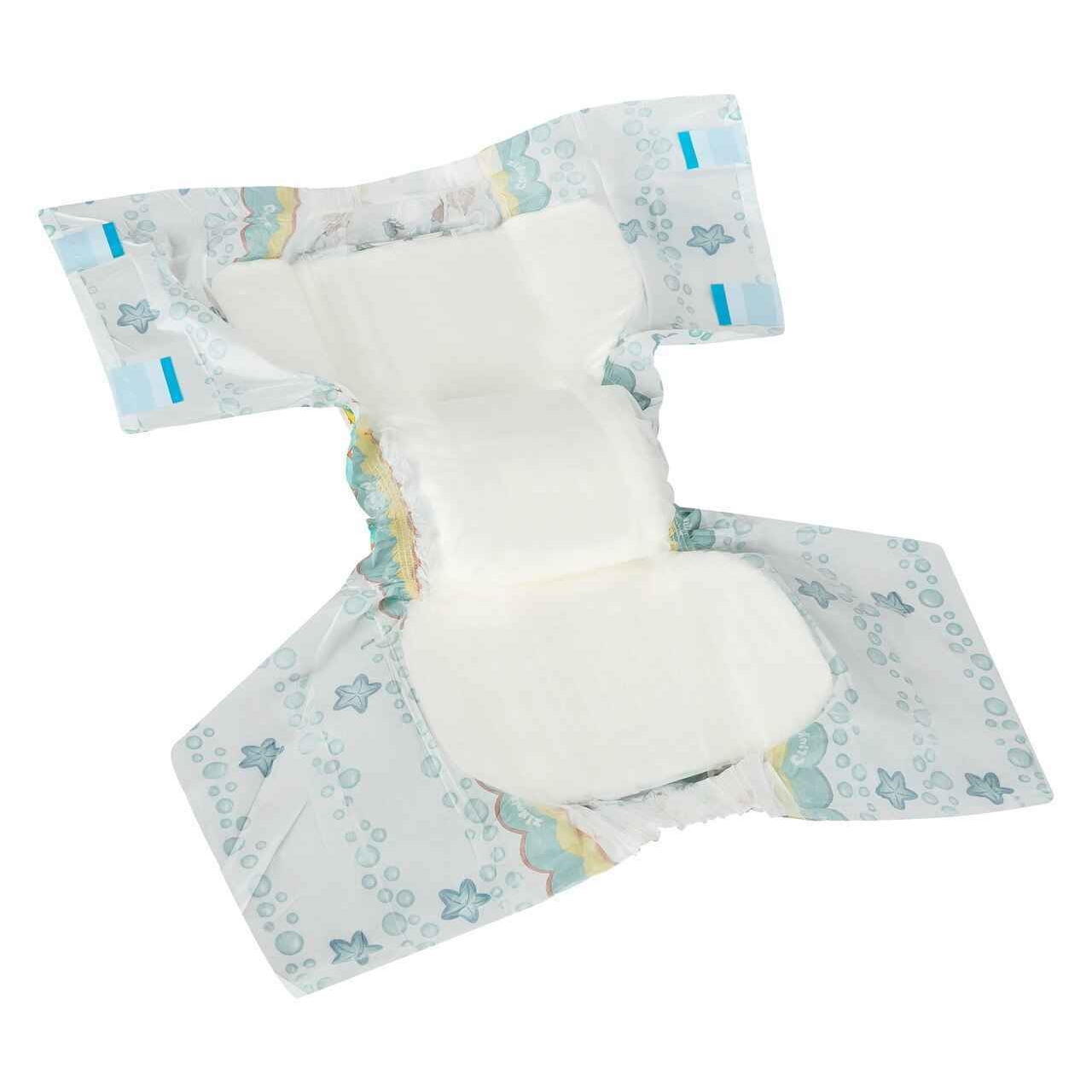 Adult diaper with Aquanaut print side panels, white absorbent core and blue trim