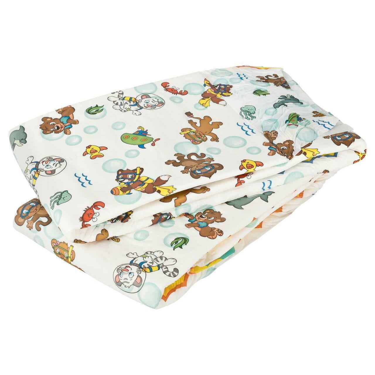 Aquanaut adult diaper with animal-and-sea print, folded pad, white and teal