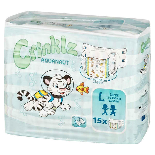 Crinklz Aquanaut adult diapers, Large 15-count pack, blue water-print with plastic backing
