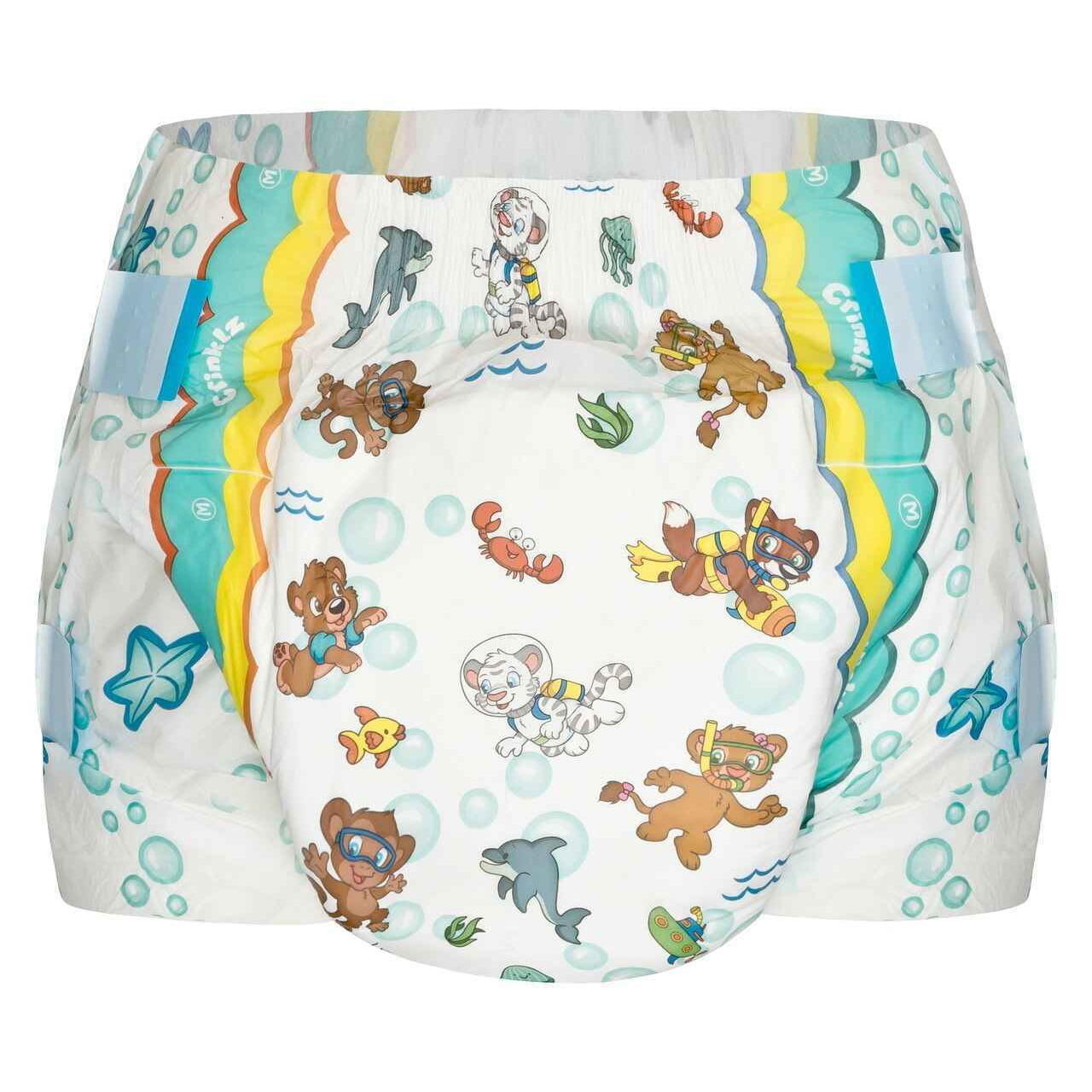 Aquanaut printed adult diaper, white base with cartoon animals and sea bubbles