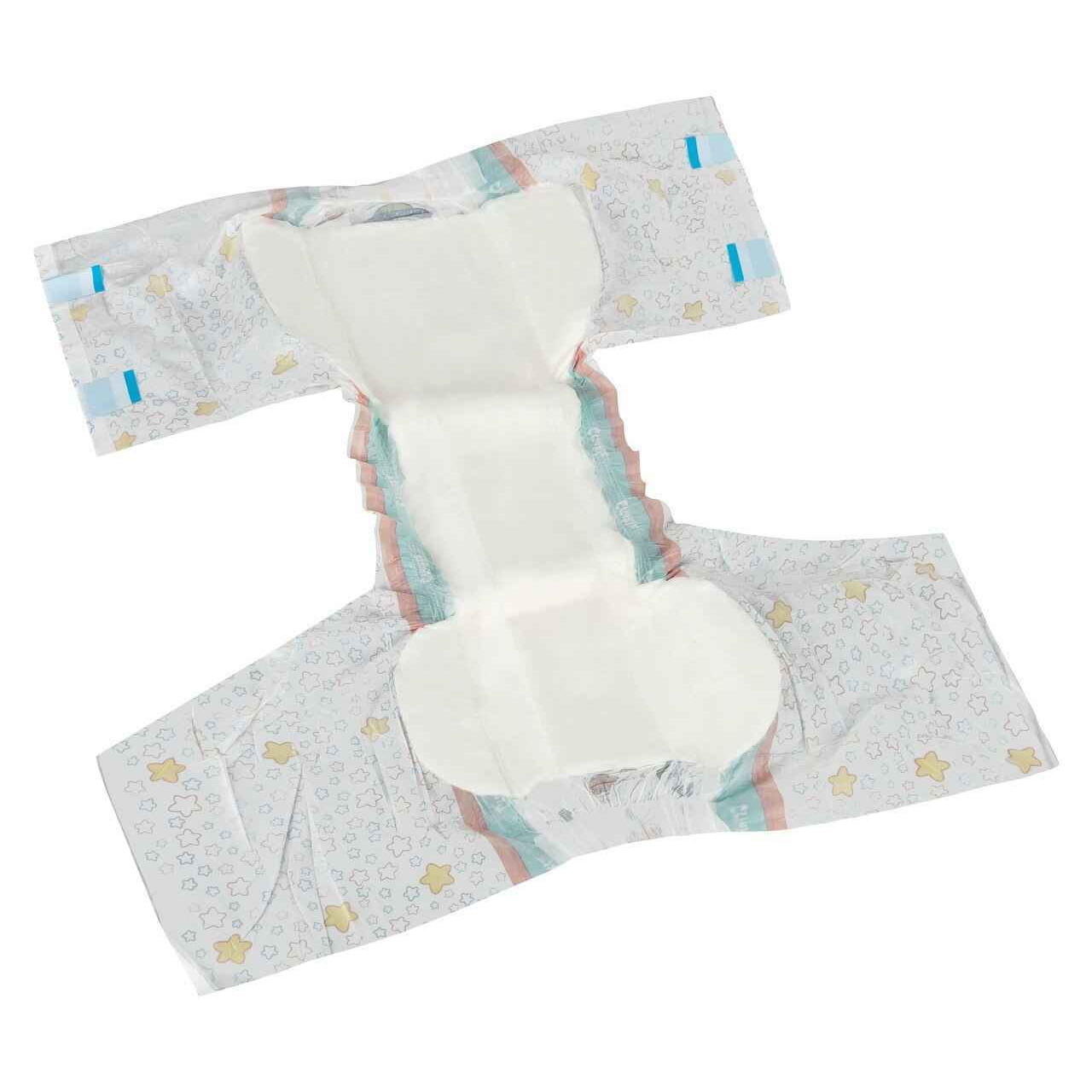 Adult diaper with white absorbent pad and light star-pattern sides, teal trim