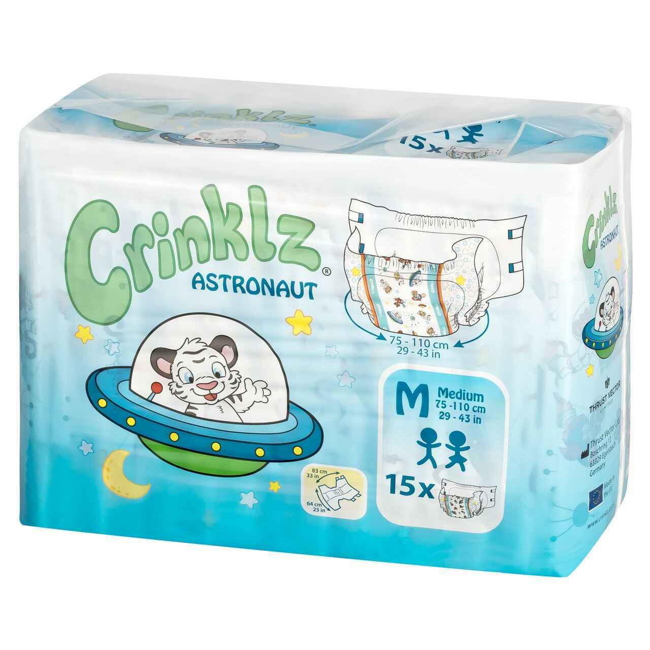 Crinklz astronaut adult diapers, Medium, 15-pack, plastic backing, space print