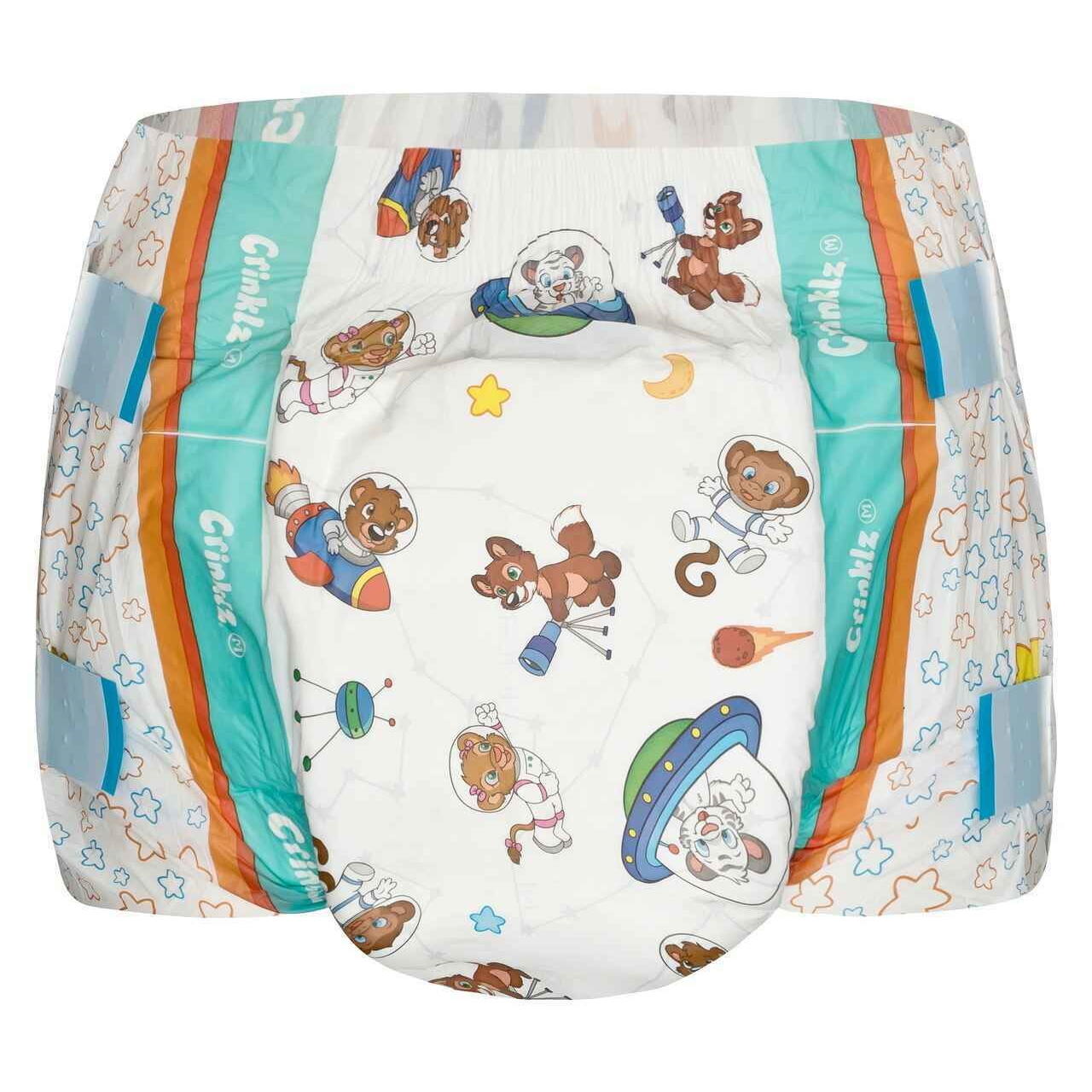 Astronaut print adult diaper with colorful character scene, white inner panel and side trim