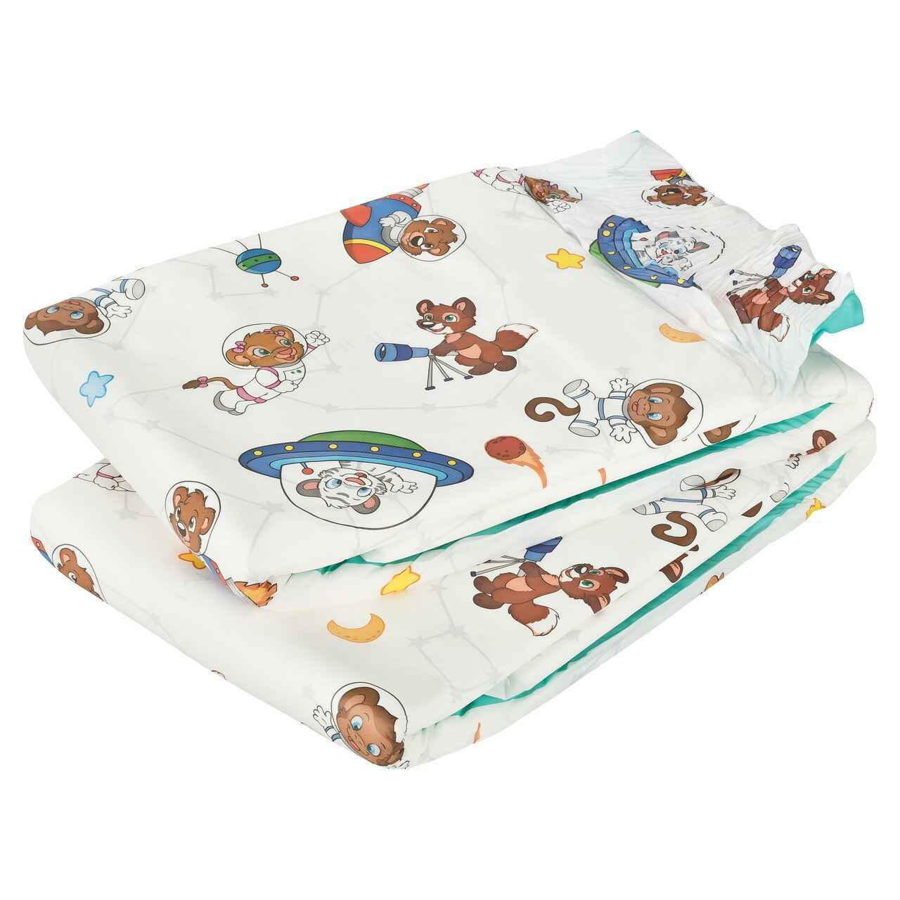 Folded astronaut print adult diaper with playful character pattern and teal edge trim