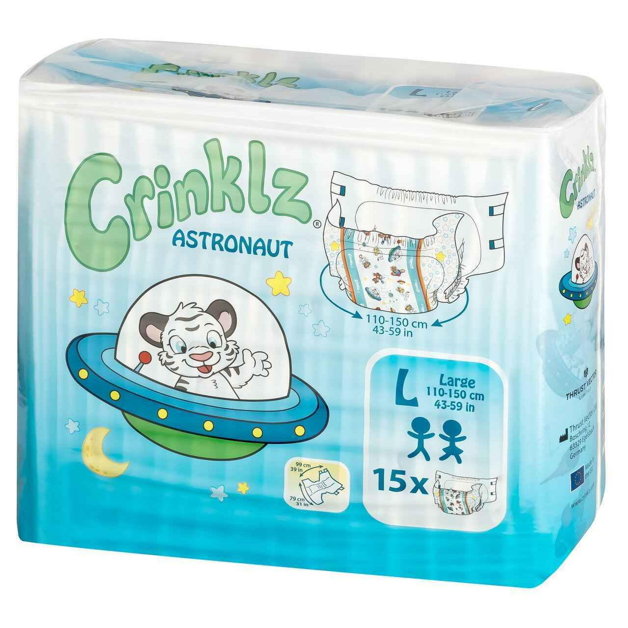 Crinklz astronaut adult diapers, Large, 15-pack, plastic backing, space-themed print