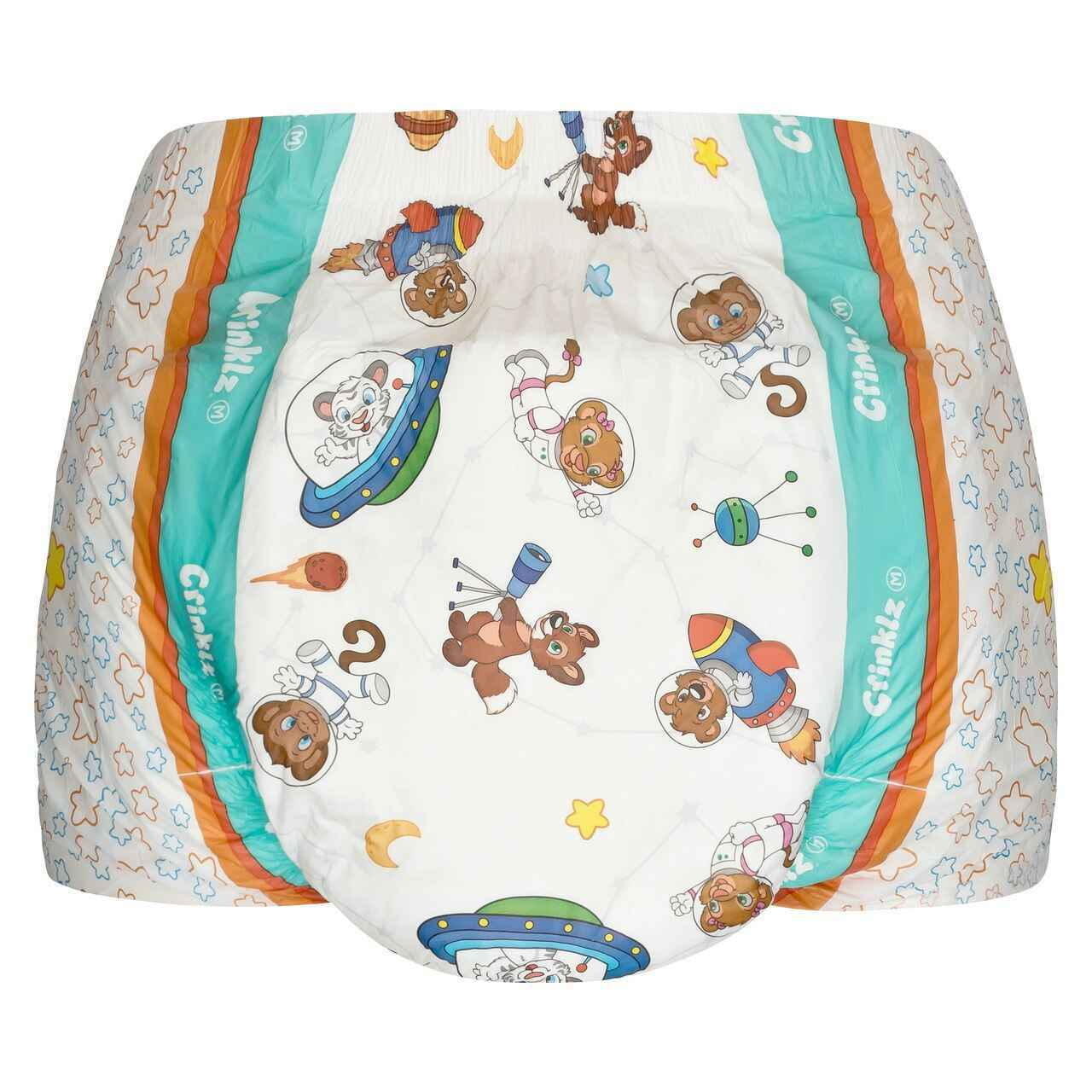 Astronaut print adult diaper with roaming characters, white center with teal and orange trim